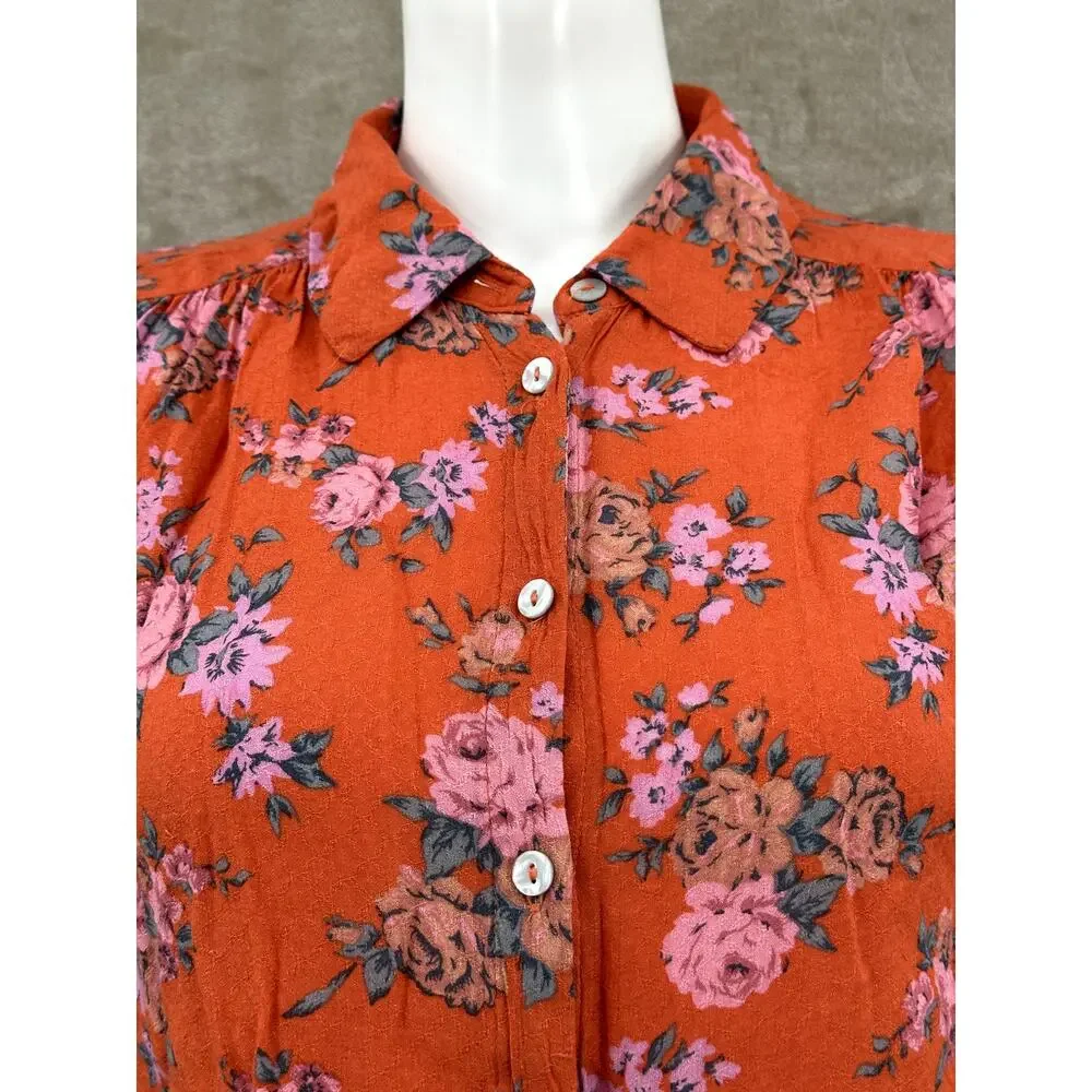 Free People Top Womens Small Orange Celia Floral Front Tie Bloomcore Boho Summer